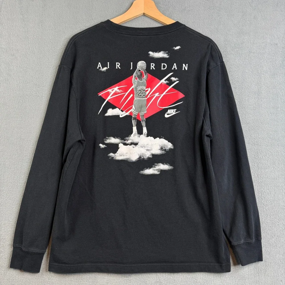 Jordan Mens Flight Long Sleeve Graphic T-Shirt Black Red Size M 100% Cotton